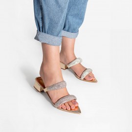 Mule Tiras com Brilhos e Salto Baixo Ouro Light